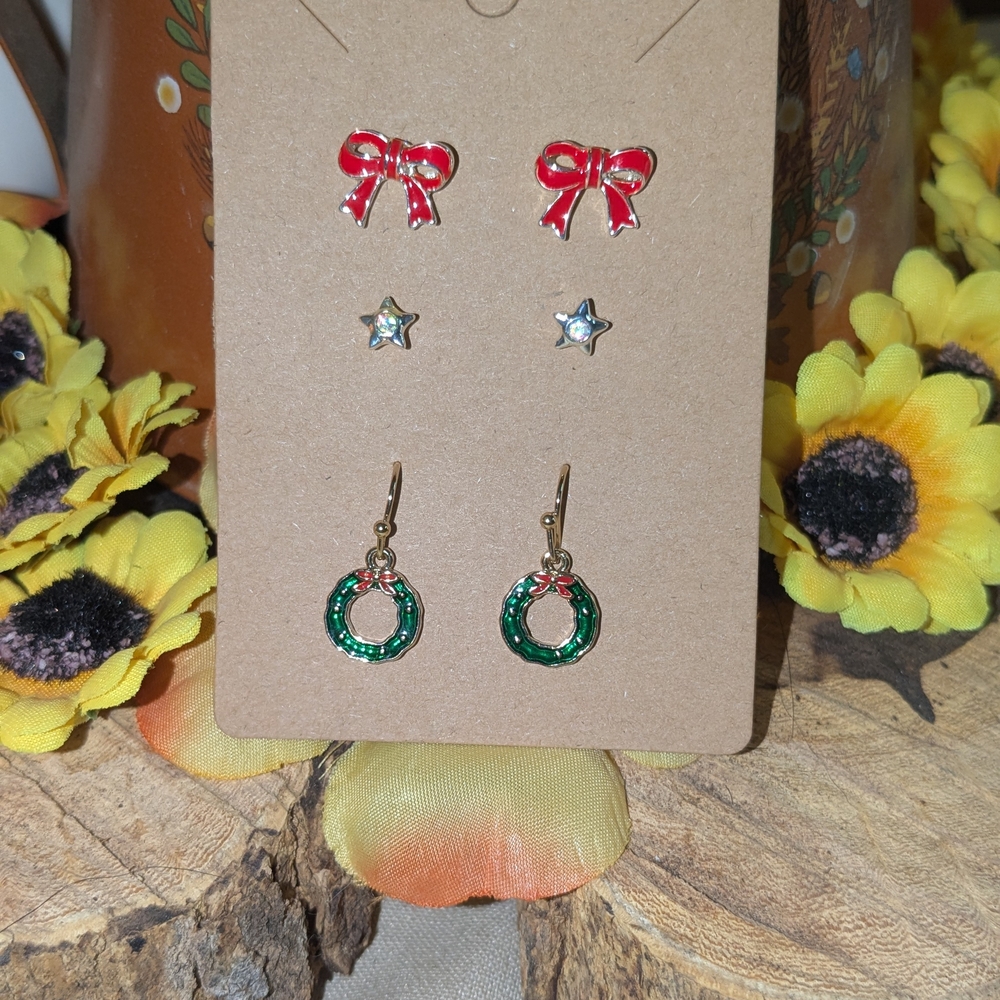 Kids Red and Green Bow Earrings Set